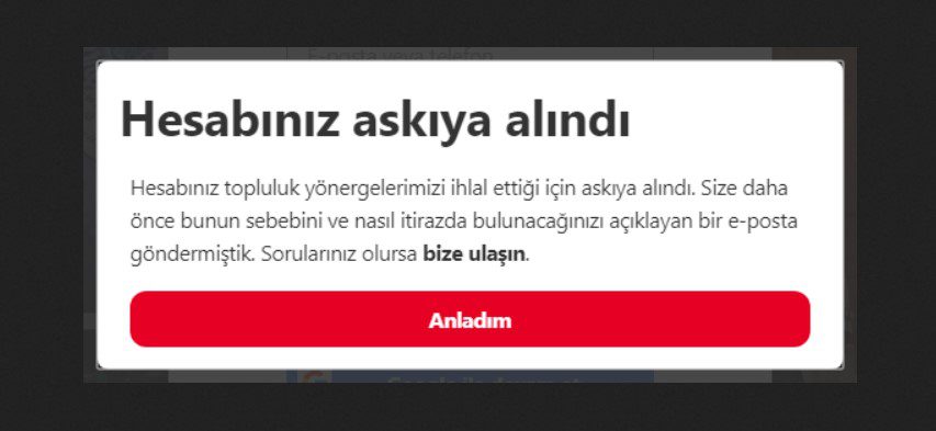 pinterest askıya alınma